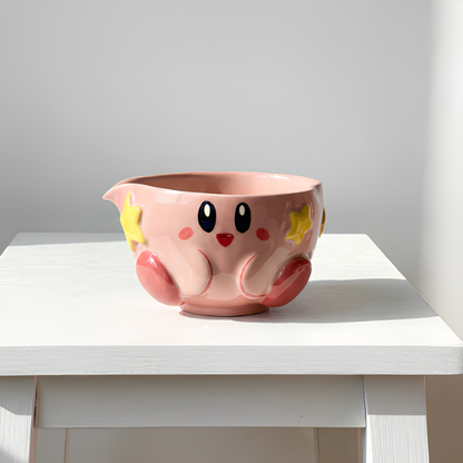 Kawaii Kirby 3D Handcrafted Ceramic Matcha Bowl and Warp Star Whisk Holder Set • HX14