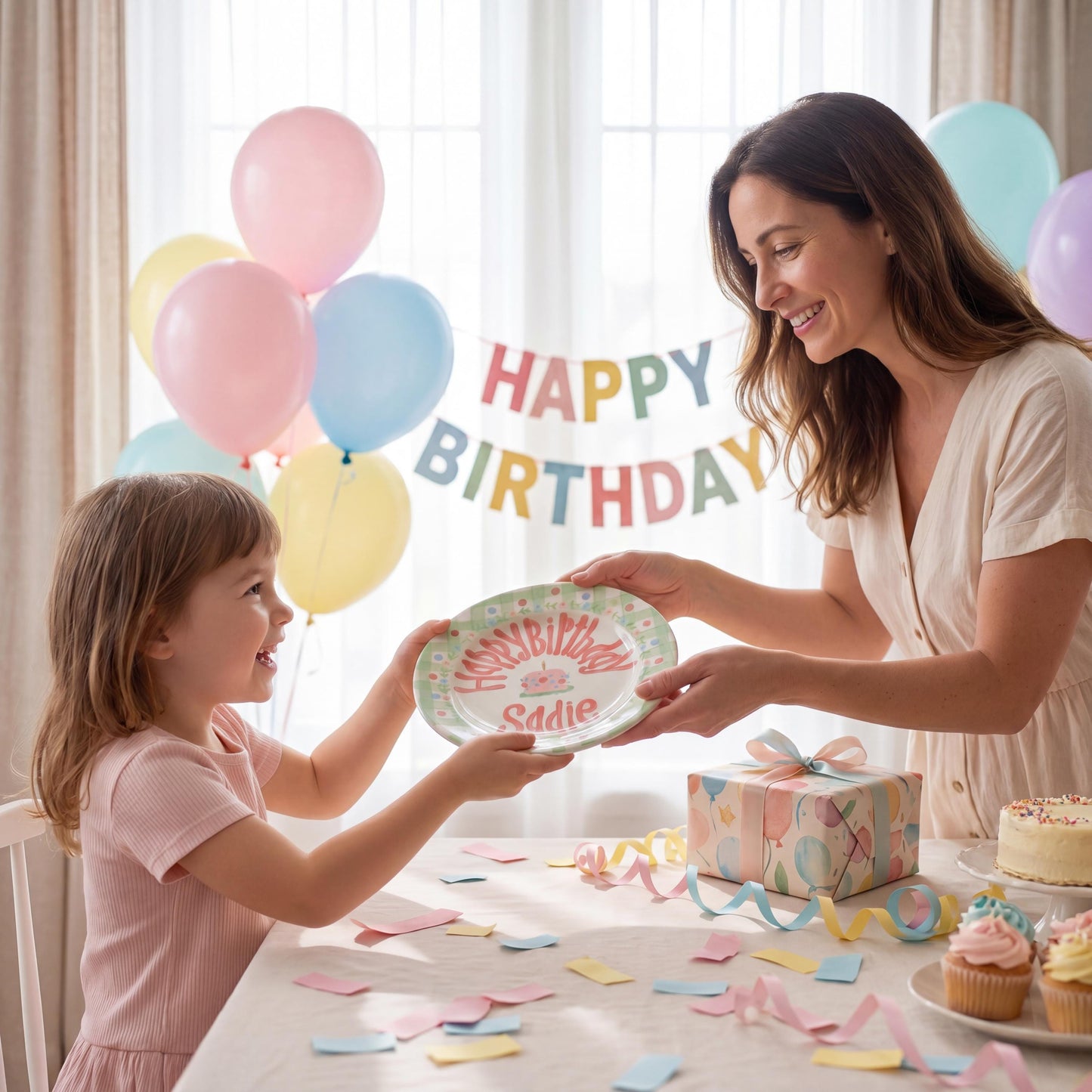 Personalized Birthday Plate – Green Gingham, Flowers & Pink Cake Design | B066