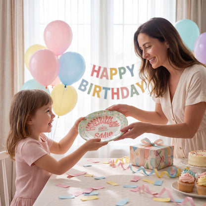 Personalized Birthday Plate – Green Gingham, Flowers & Pink Cake Design | B066