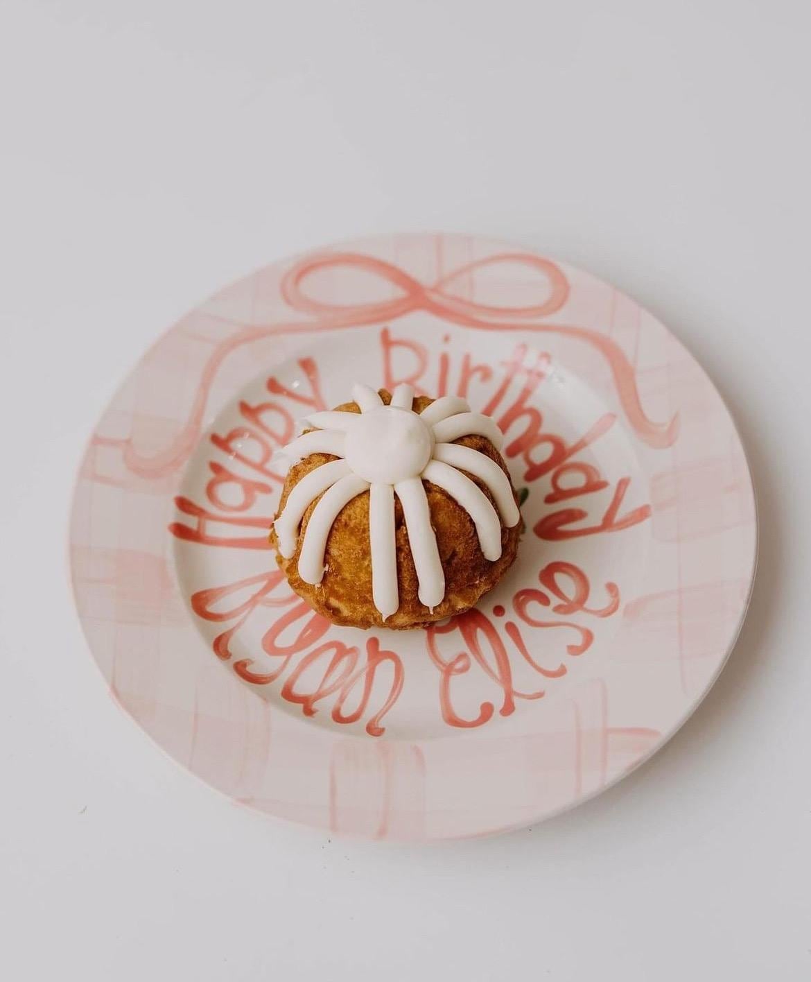 Personalized Birthday Plate – Pink Gingham Bow & Floral Cake Design | BHL006