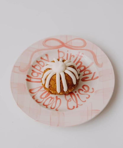 Personalized Birthday Plate – Pink Gingham Bow & Floral Cake Design | BHL006
