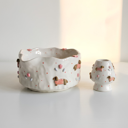 Handmade Dachshund Dog Ceramic Matcha Bowl Set | Cute Sweater Dachshund Chawan & Whisk Holder • HX58