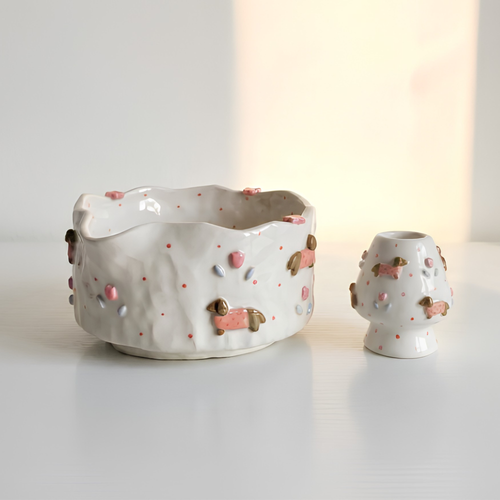 Handmade Dachshund Dog Ceramic Matcha Bowl Set | Cute Sweater Dachshund Chawan & Whisk Holder • HX58