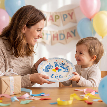 Personalized Birthday Plate – Blue Scalloped Edge with Balloons & Dots | B068