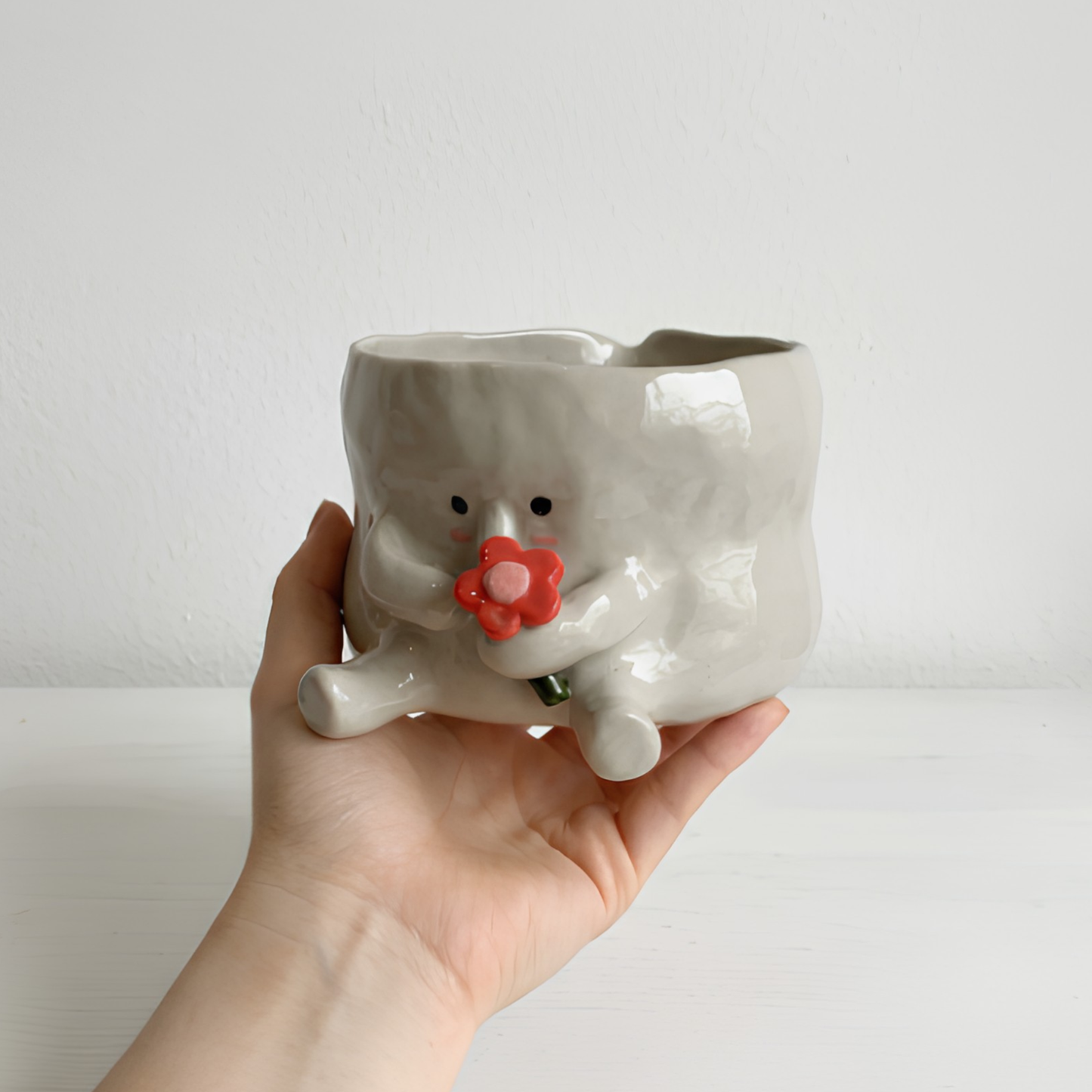 Handcrafted Flower Giving Creature Ceramic Matcha Bowl and Whisk Holder Set • HX44