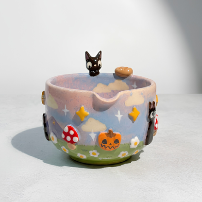 Studio Ghibli Jiji the Black Cat & Mushroom 3D Handcrafted Ceramic Matcha Bowl and Whisk Holder Set • HX19