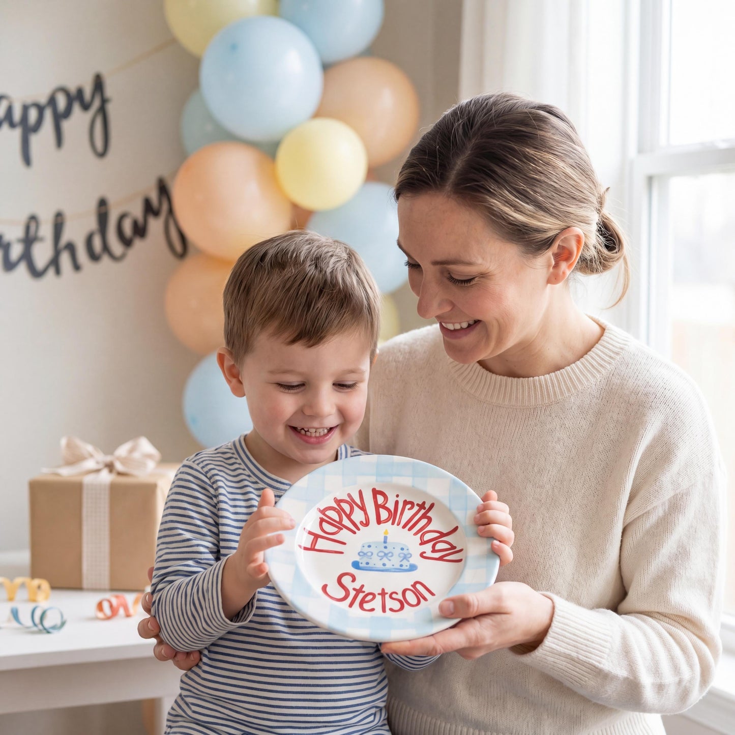 Personalized Birthday Plate – Blue Gingham Border & Blue Cake Design | B054