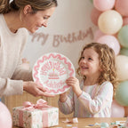 Custom Name Birthday Plate – Pink Wavy Ribbon & Rose Cake Design | B062