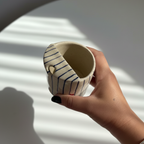 Handcrafted Ceramic Travel Mug with Blue Stripes and Red Heart – Minimalist Reusable Ceramic Coffee Cup & Tumbler • HX03