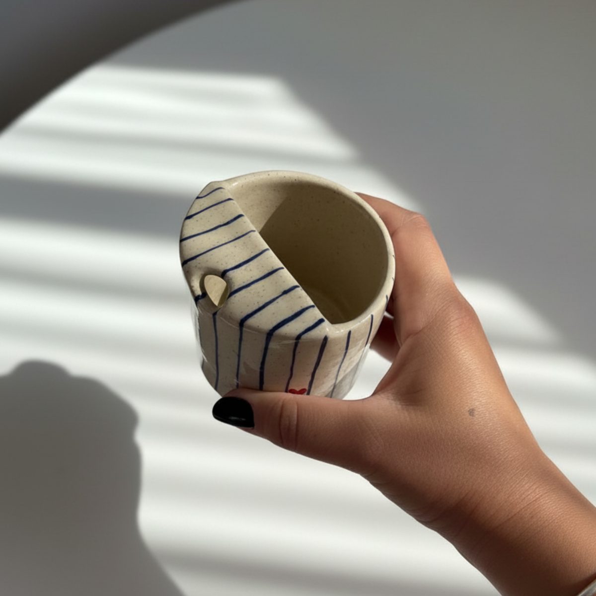 Handcrafted Ceramic Travel Mug with Blue Stripes and Red Heart – Minimalist Reusable Ceramic Coffee Cup & Tumbler • HX03