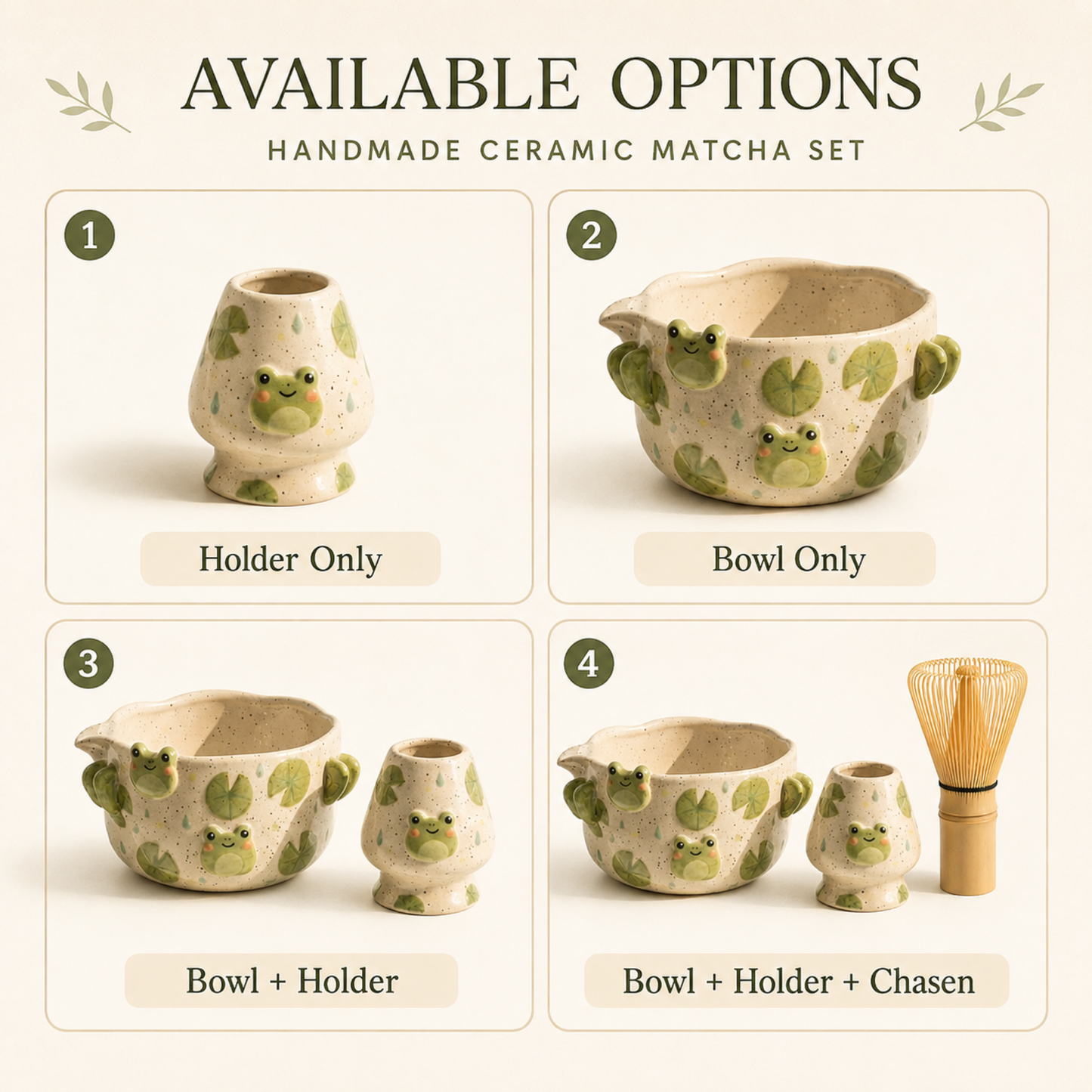 Handmade Cute Frog Ceramic Matcha Bowl Set | Kawaii Lily Pad Spouted Chawan & Whisk Holder • HX55