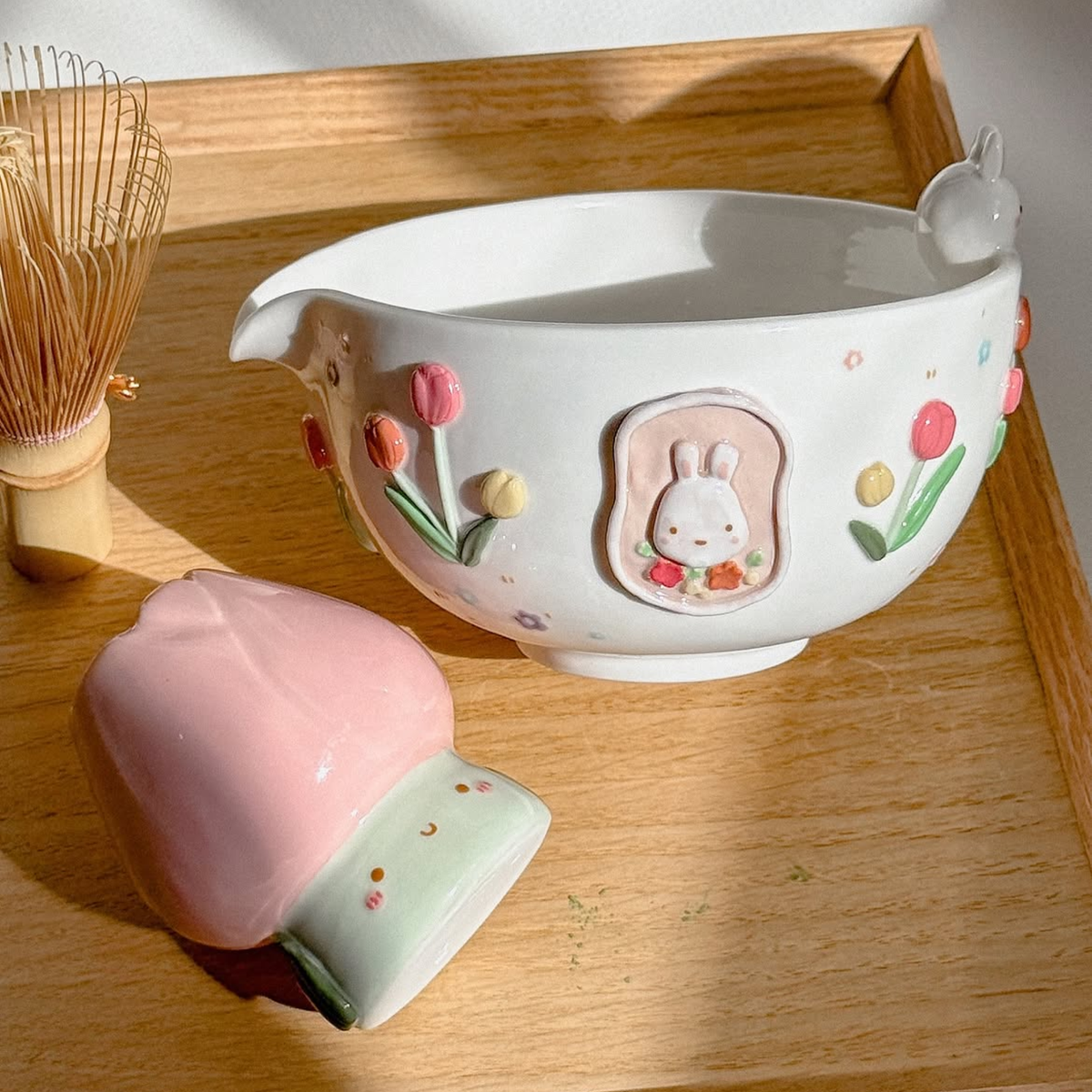 Spring Tulip Bunny 3D Handcrafted Ceramic Matcha Bowl and Flower Whisk Holder Set • HX10