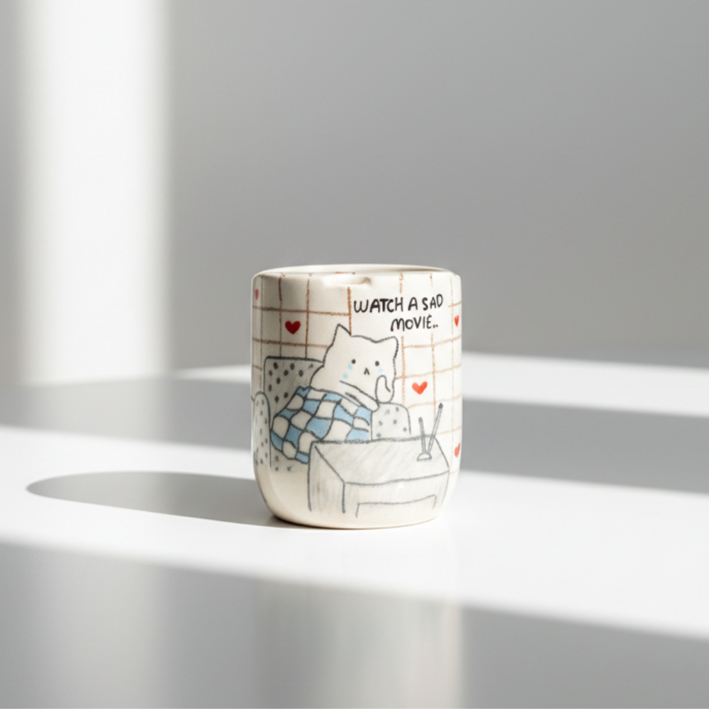 Handcrafted Ceramic Travel Mug with Built-in Lid, "Watch a Sad Movie" Cute Crying Cat Commuter Cup • HX23