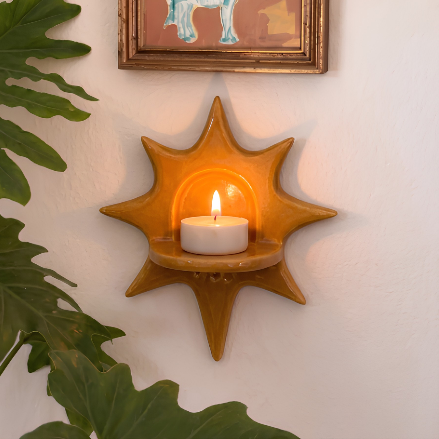 Handcrafted Sage Green Star Ceramic Wall Candle Sconce, Matte Mint Sunburst Celestial Tealight Holder • HX34