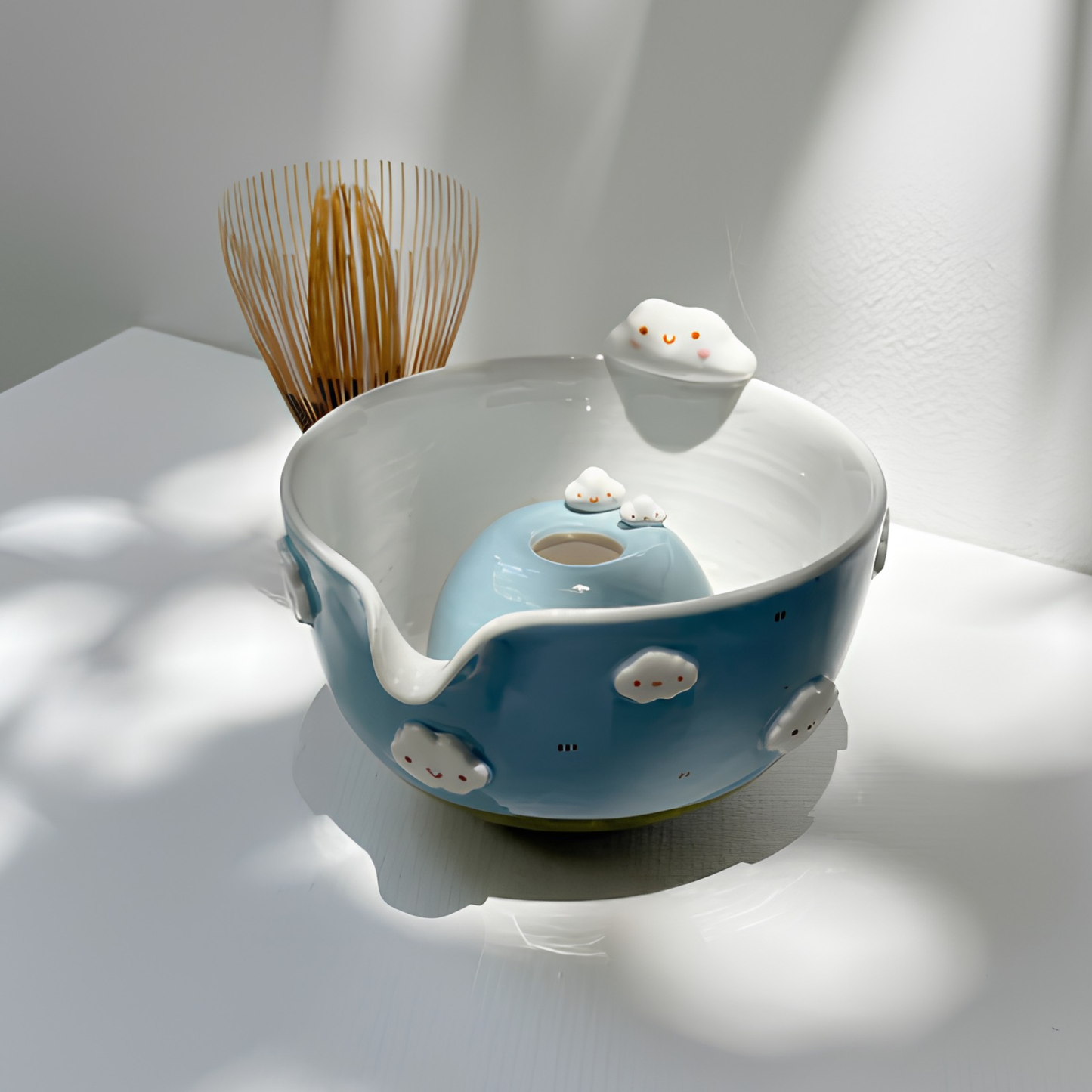 Dreamy Blue Sky & White Cloud 3D Handcrafted Ceramic Matcha Bowl and Whisk Holder Set • HX21