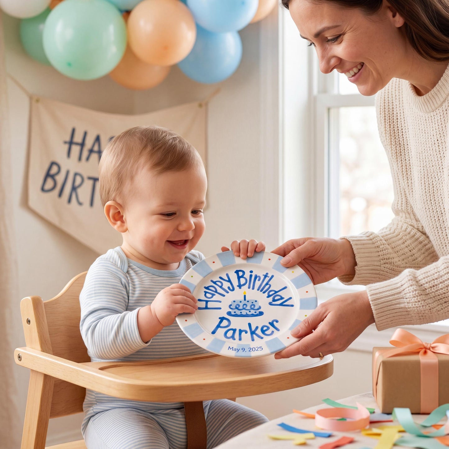 Personalized Birthday Plate – Blue Striped Cake & Polka Dot Design | B057