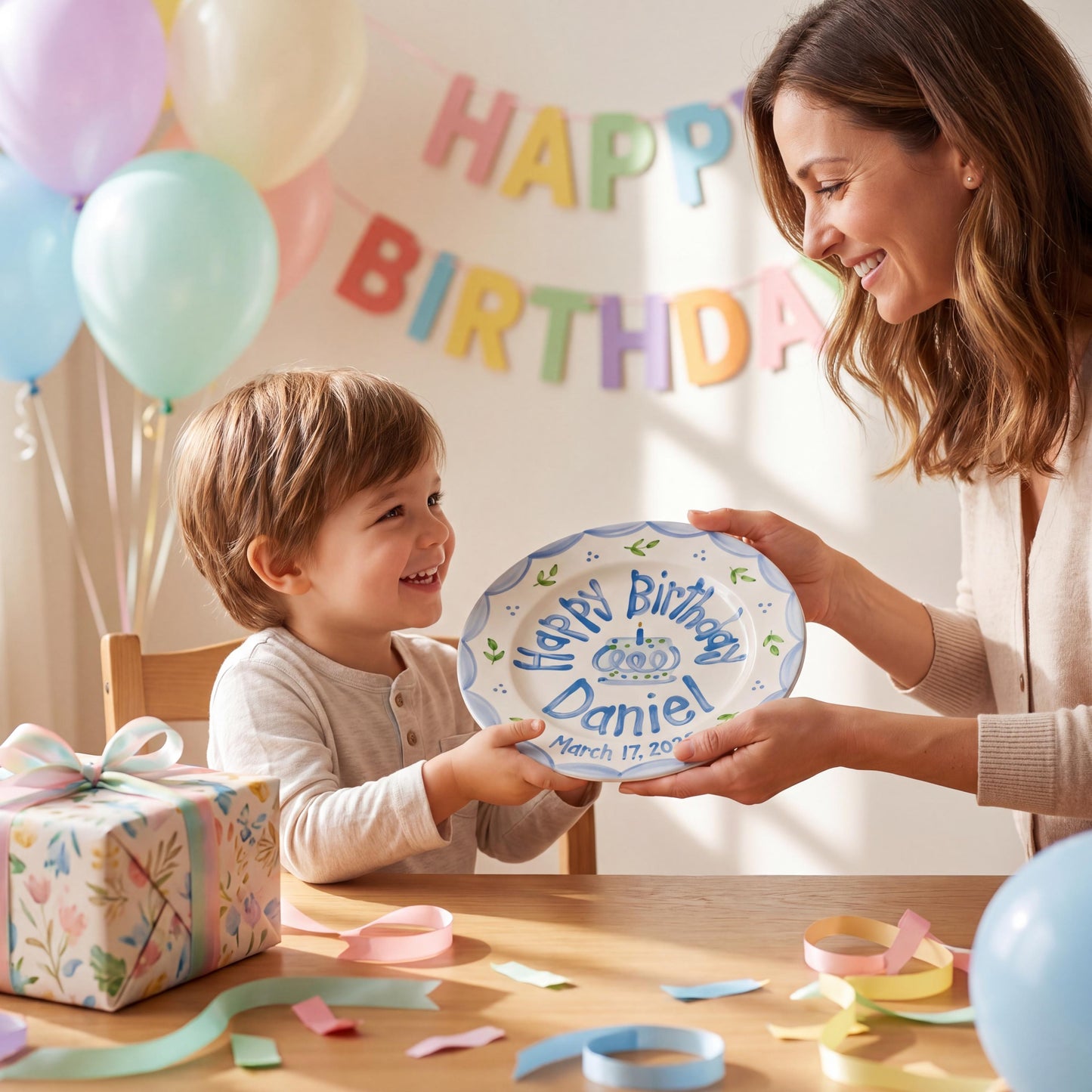 Personalized Birthday Plate – Blue Scalloped Border, Leaf Sprigs & Cake Design | B046