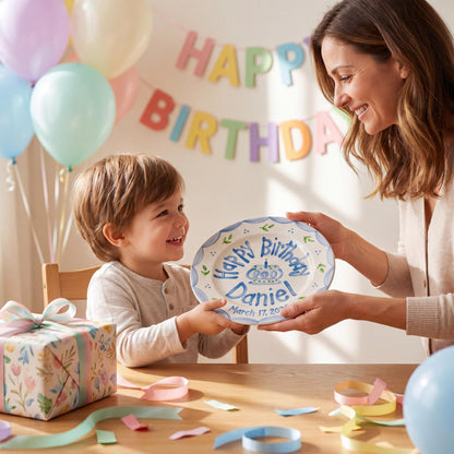 Personalized Birthday Plate – Blue Scalloped Border, Leaf Sprigs & Cake Design | B046