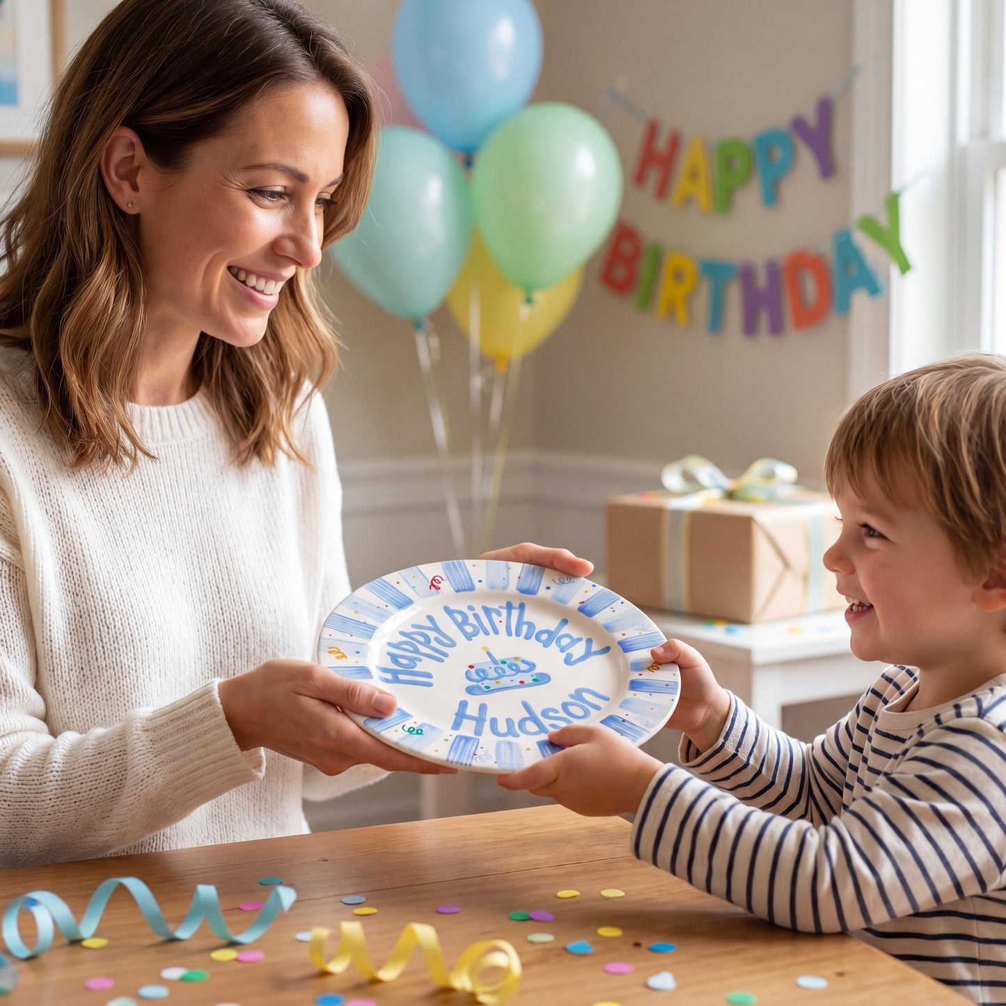 Personalized Birthday Plate – Blue Striped Cake & Sprinkles Design | B009