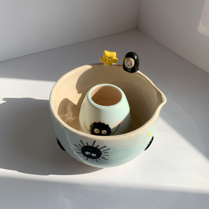 Spirited Away No-Face & Soot Sprite 3D Handcrafted Ceramic Matcha Bowl and Whisk Holder Set • HX18