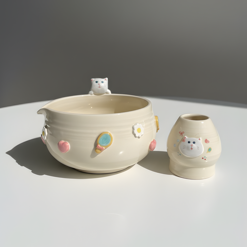 Handcrafted Sporty Cat Ceramic Matcha Bowl and Whisk Holder Set • HX29