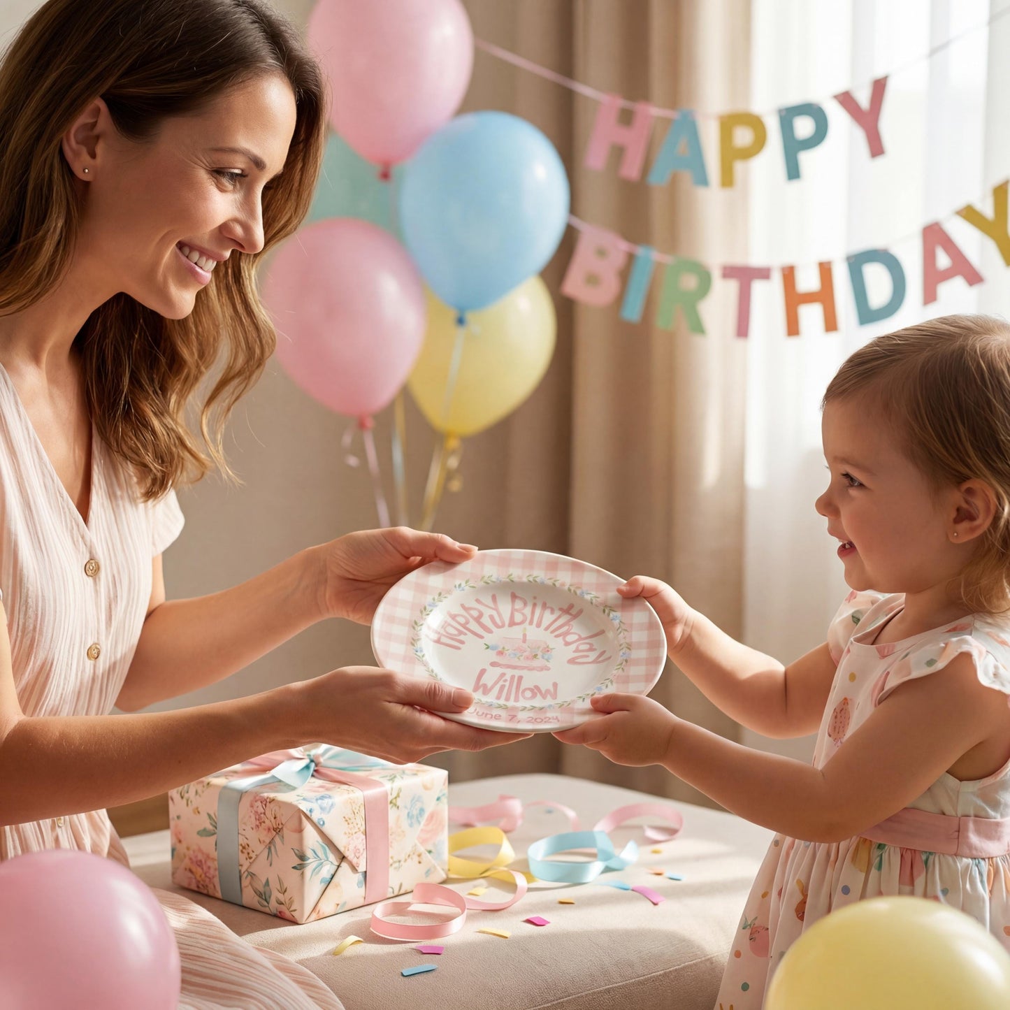 Personalized Birthday Plate – Pink Gingham Floral Wreath & Cake Design | B065