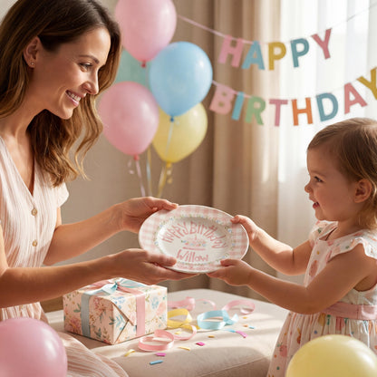 Personalized Birthday Plate – Pink Gingham Floral Wreath & Cake Design | B065