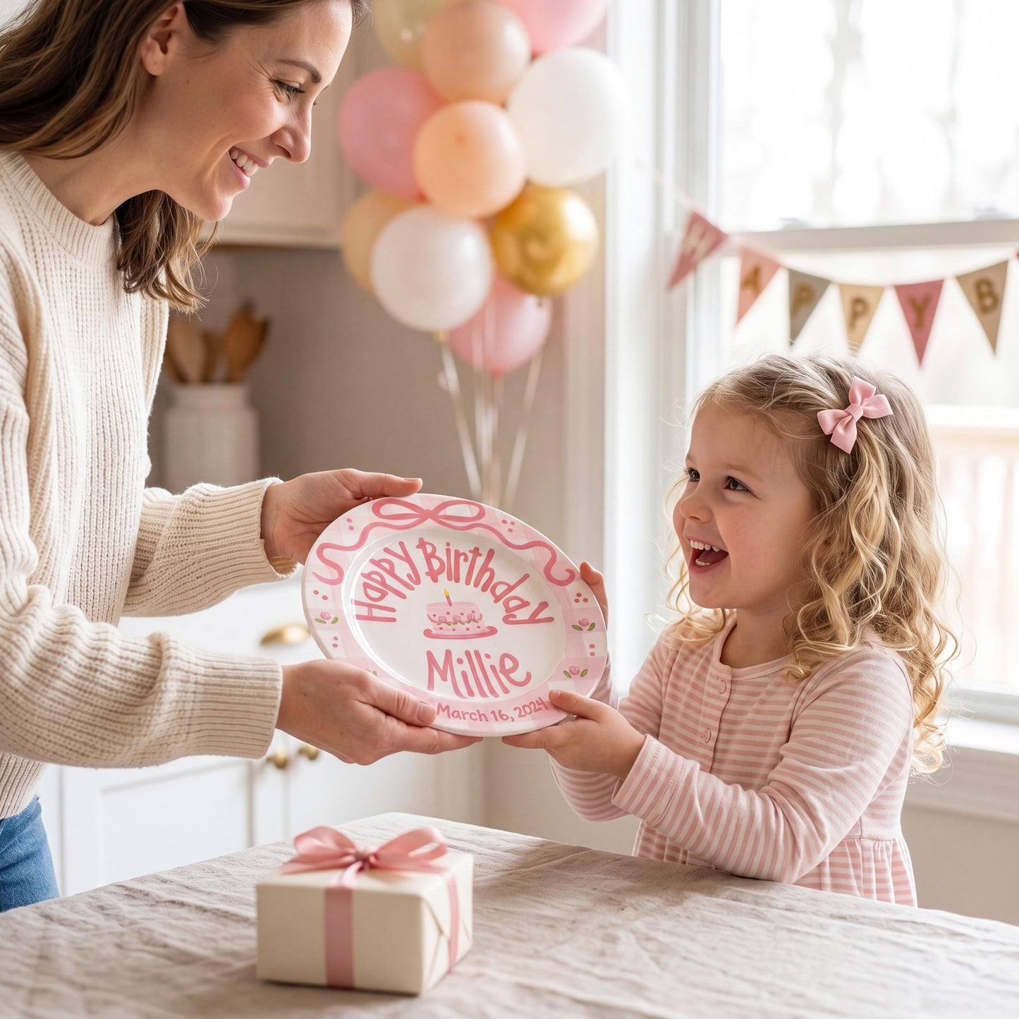 Personalized Birthday Plate – Pink Gingham Bow & Floral Cake Design | B059