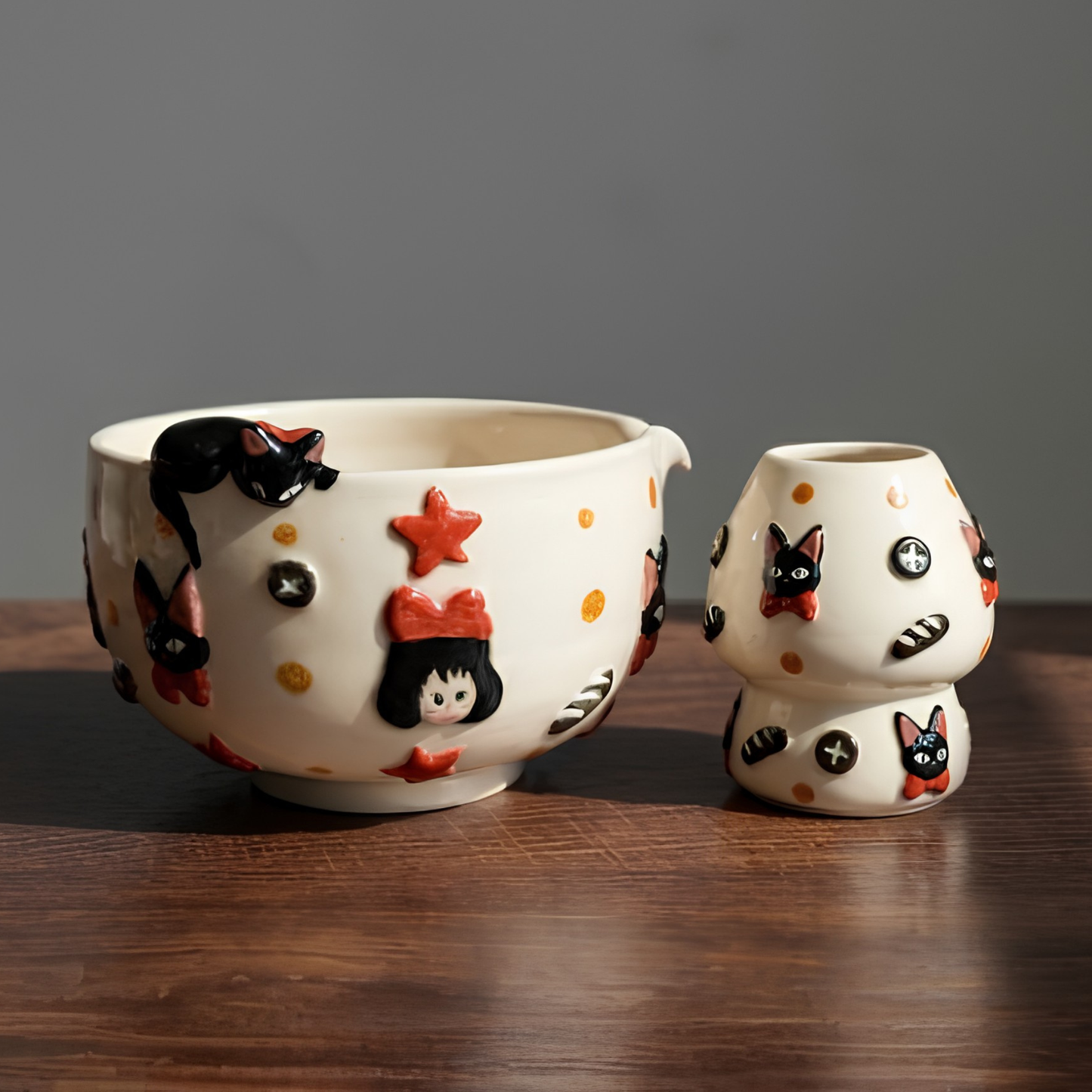 Kiki's Delivery Service 3D Handcrafted Ceramic Matcha Bowl and Jiji Whisk Holder Set • HX12