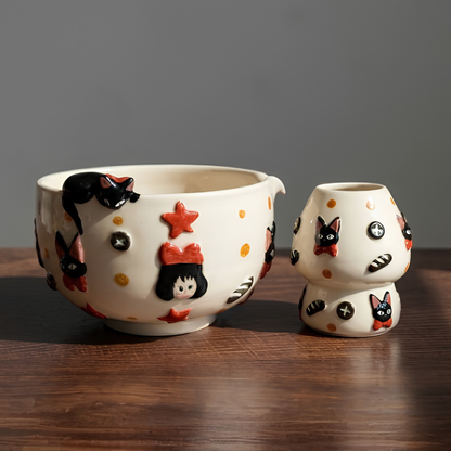 Kiki's Delivery Service 3D Handcrafted Ceramic Matcha Bowl and Jiji Whisk Holder Set • HX12