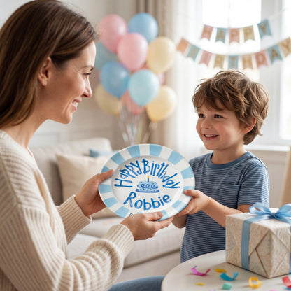 Custom Name Birthday Plate – Blue Stripe Border & Cake Design | B056