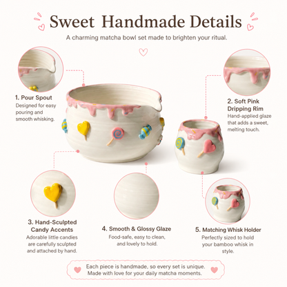 Handcrafted Sweet Candy Ceramic Matcha Bowl and Whisk Holder Set • HX25