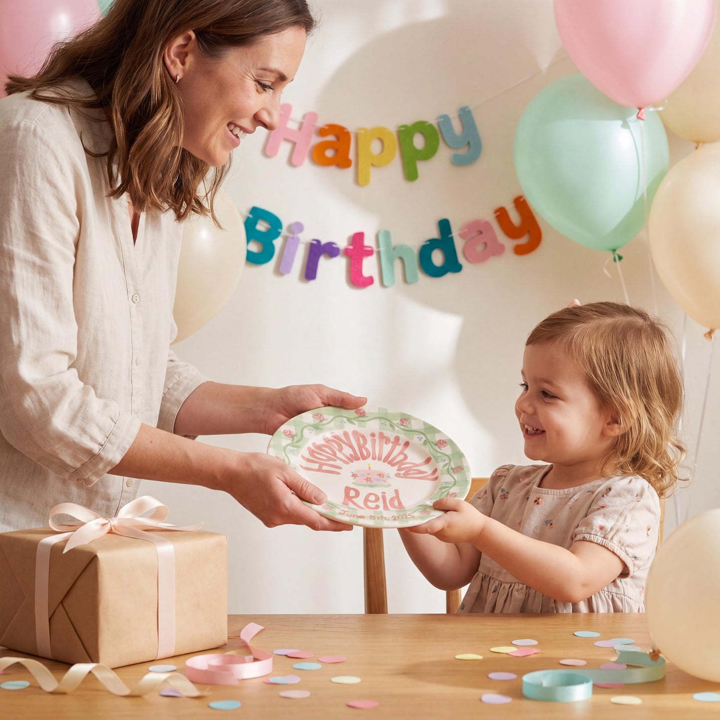 Personalized Birthday Plate – Green Gingham Rose Vine & Floral Cake Design | B047