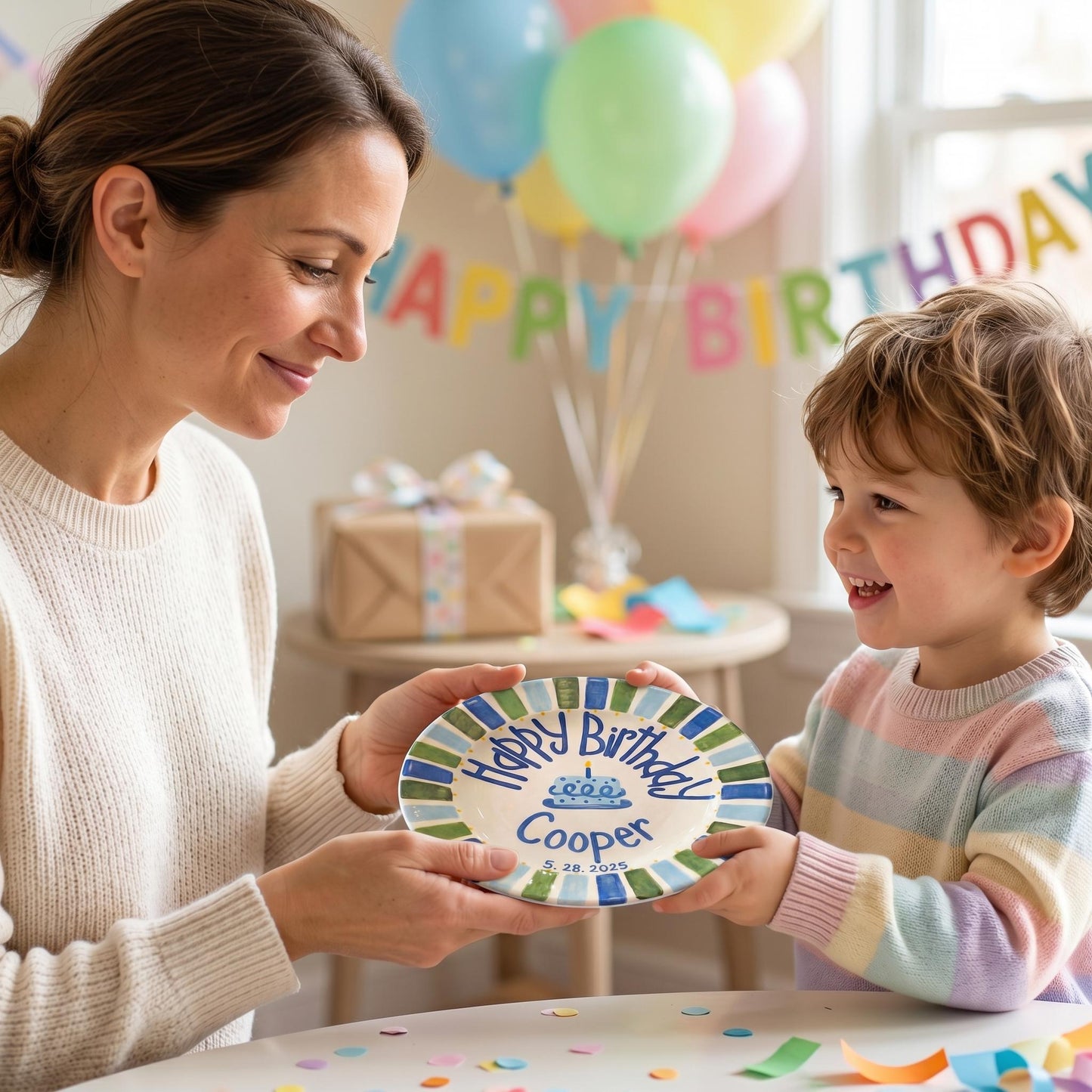 Personalized Birthday Plate – Blue Cake & Green Blue Striped Border Design | B049