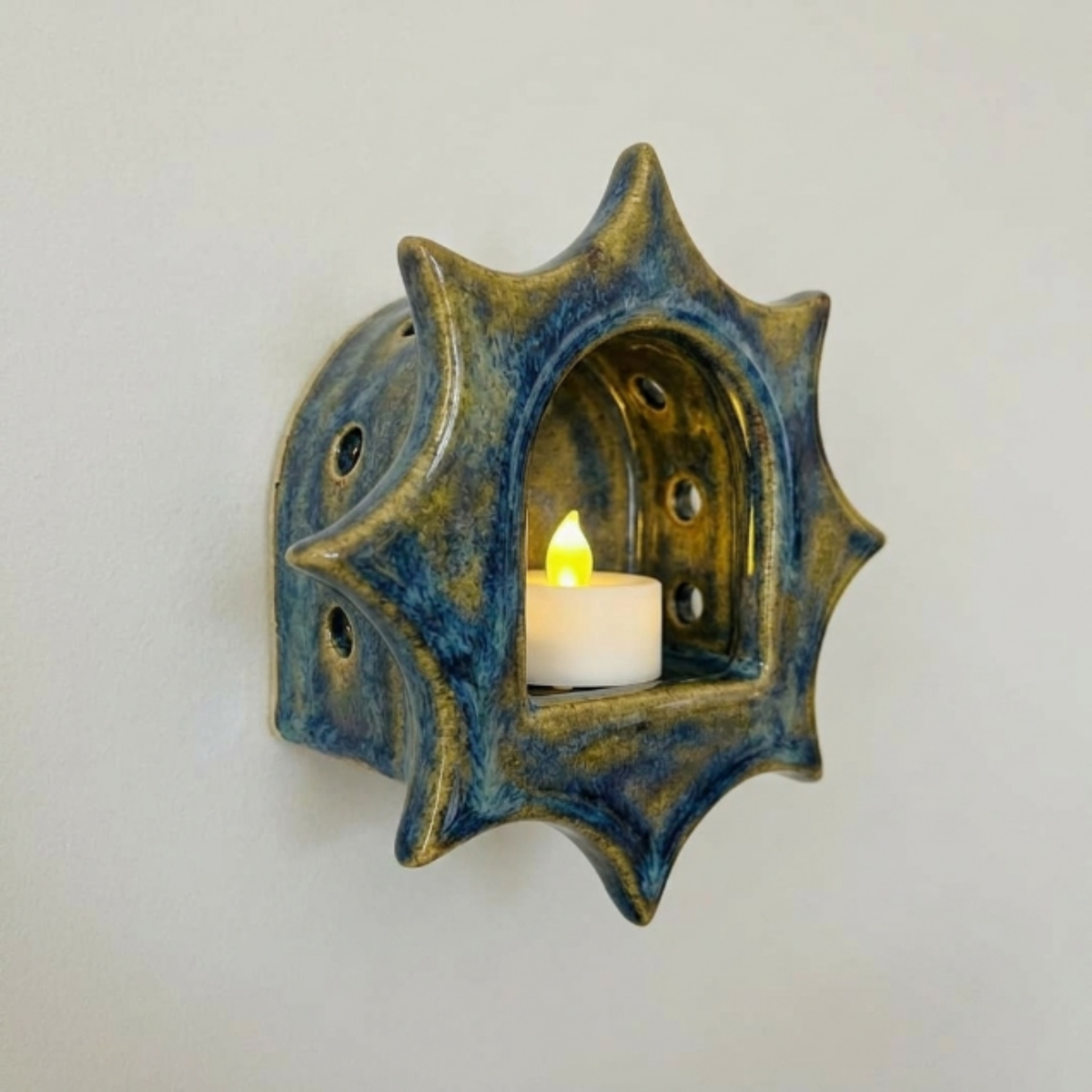 Sunburst Ceramic Wall Sconce – Blue Drip Glaze Candle Holder – Celestial Boho Home Decor| LA111