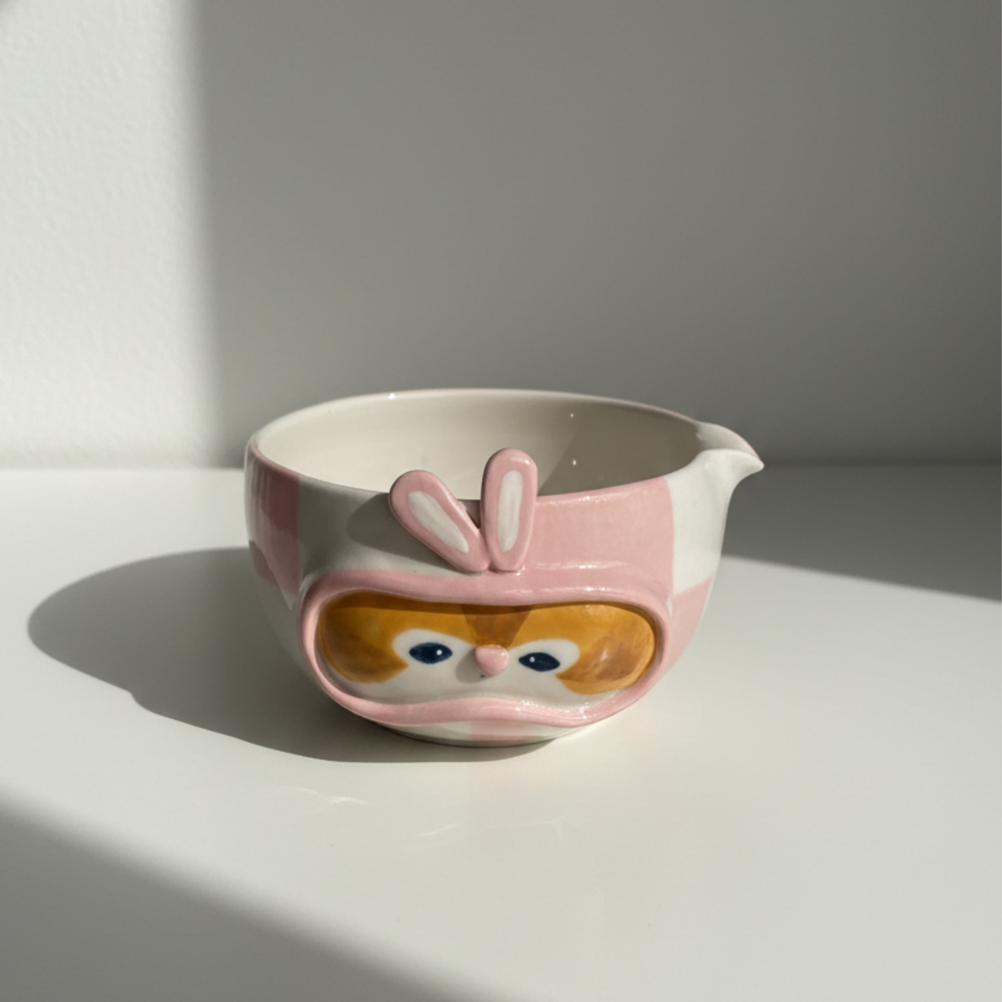 Kawaii Handcrafted Ceramic Pilot Squirrel Matcha Bowl and Whisk Holder Set – Pink Checkerboard Edition • HX28
