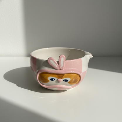 Kawaii Handcrafted Ceramic Pilot Squirrel Matcha Bowl and Whisk Holder Set – Pink Checkerboard Edition • HX28