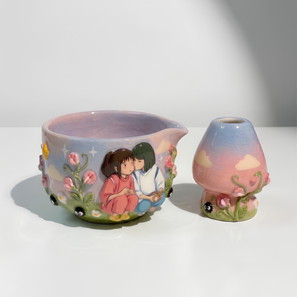 Spirited Away Chihiro & Haku 3D Handcrafted Ceramic Matcha Bowl and Whisk Holder Set • HX23