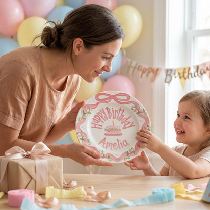 Personalized Birthday Plate – Pink Bow Floral Ribbon & Cake Design | B060
