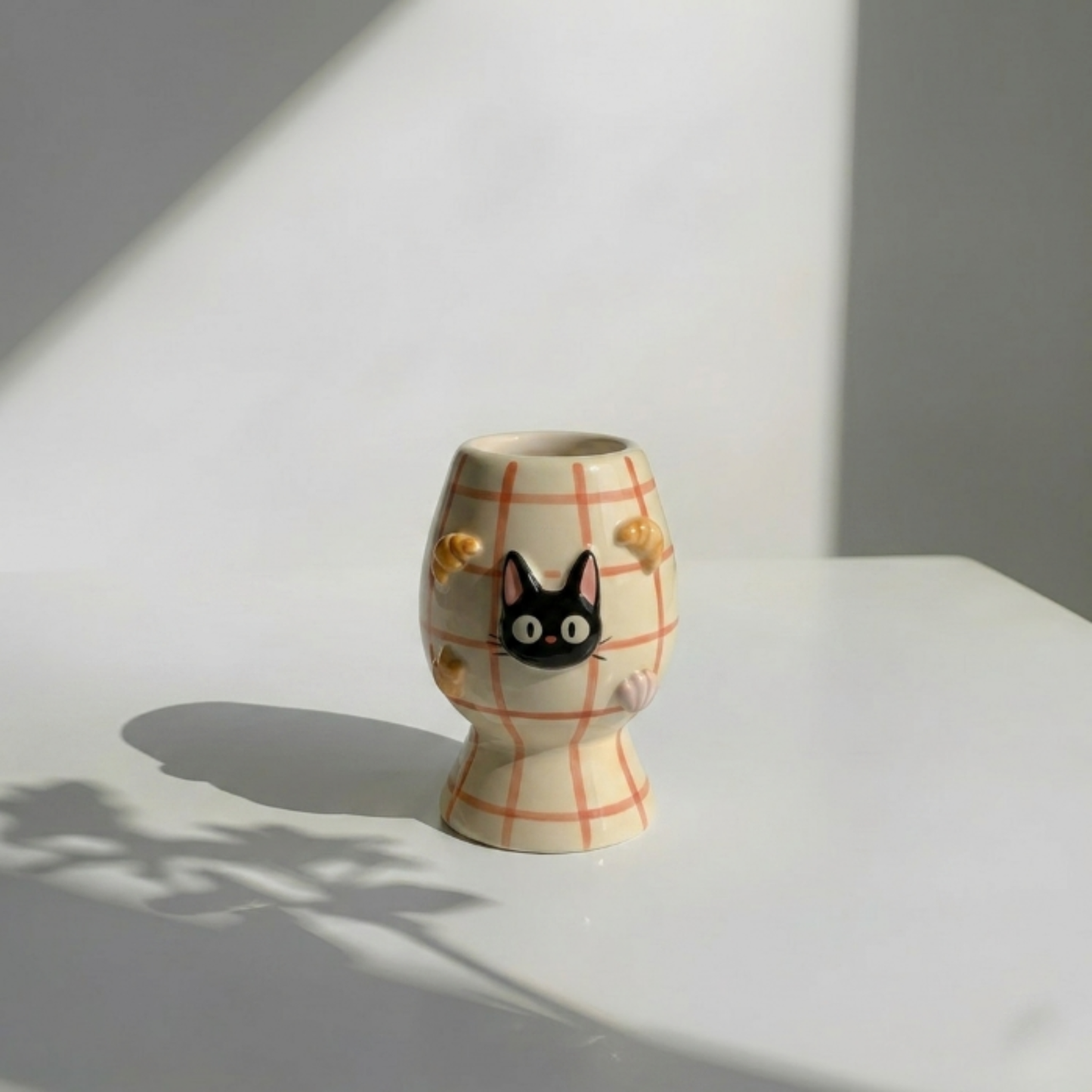 Checkered Jiji Cat Matcha Bowl | Handmade Ceramic Chawan | LA019