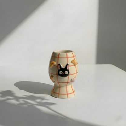Checkered Jiji Cat Matcha Bowl | Handmade Ceramic Chawan | LA019