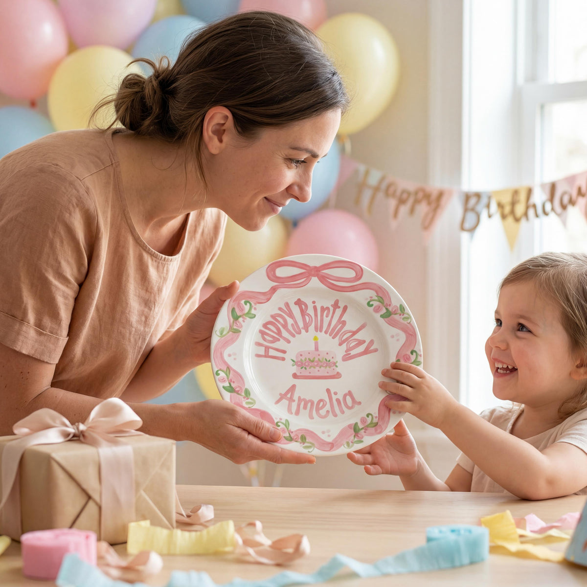 Custom Name Birthday Plate – Pink Ribbon Bow & Rose Cake Design | B060
