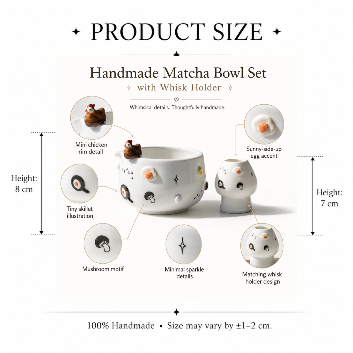 Cute 3D Chicken & Fried Egg Ceramic Matcha Bowl and Whisk Holder Set • HX02
