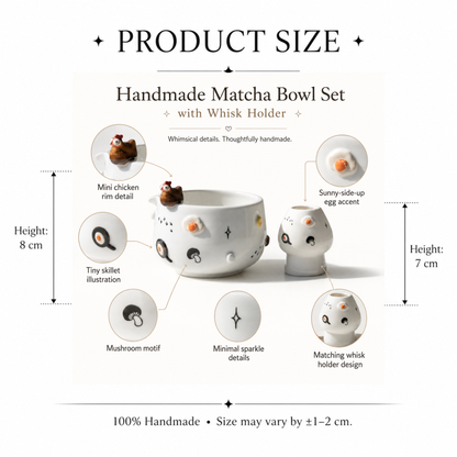 Cute 3D Chicken & Fried Egg Ceramic Matcha Bowl and Whisk Holder Set • HX02