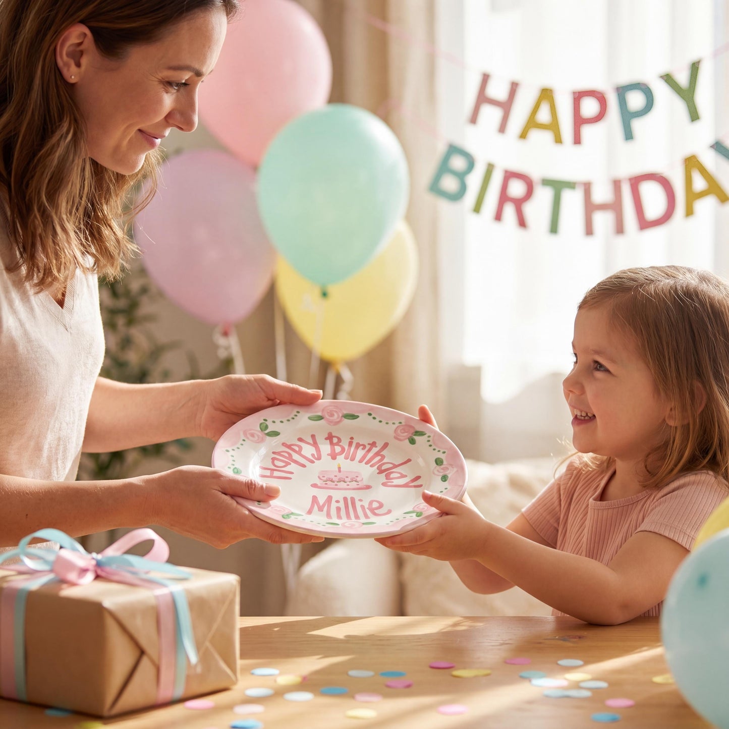 Personalized Birthday Plate – Pink Rose Garland & Cake Design | B063