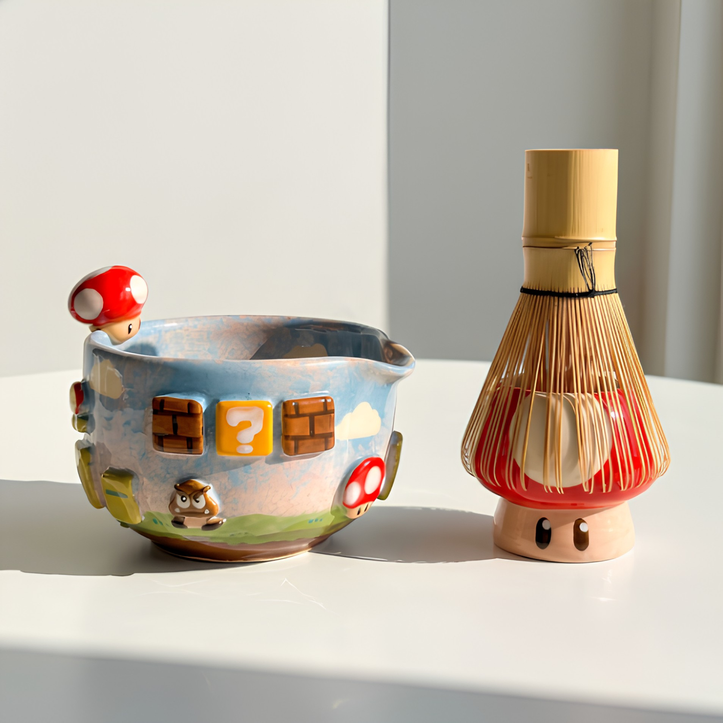 Handcrafted Mario World 3D Ceramic Matcha Bowl, Travel Mug & Super Mushroom Whisk Holder Set • HX20