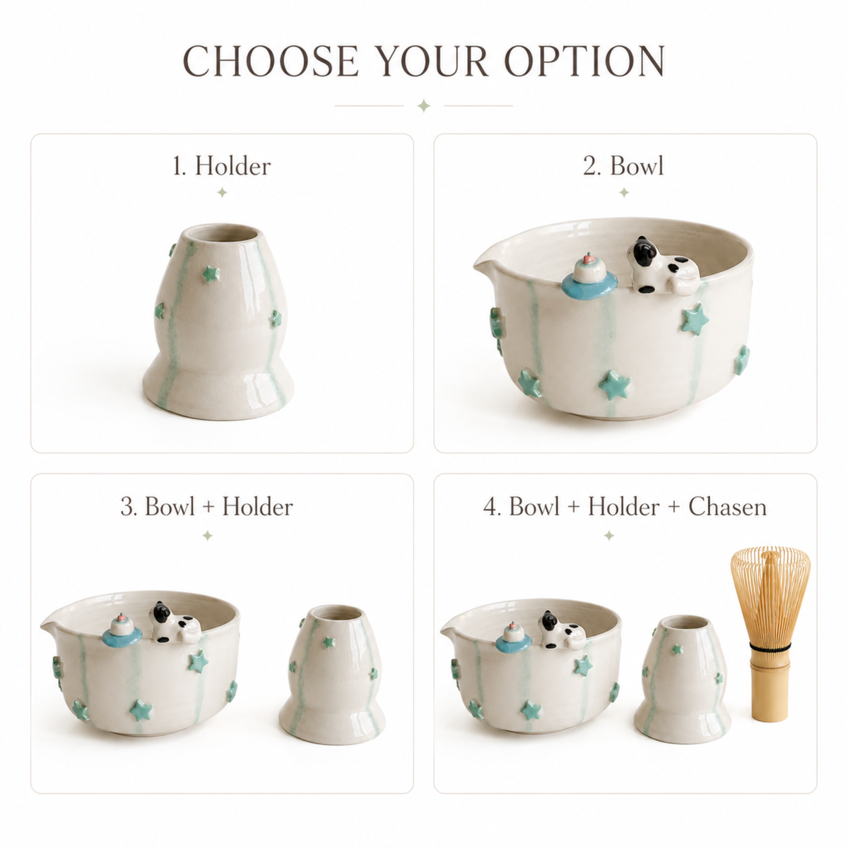 Handcrafted Sweet Cat & Tiny Cake 3D Ceramic Matcha Bowl and Whisk Holder Set – Pastel Mint Star Edition • HX13