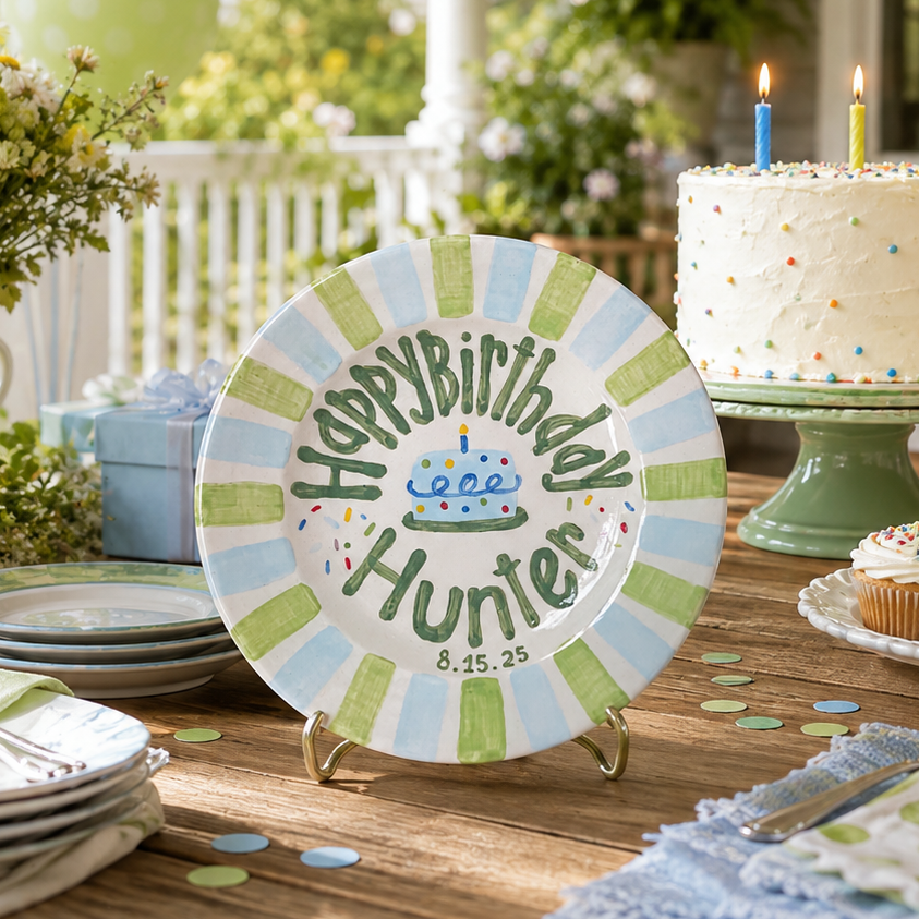 Personalized Green Blue Birthday Plate, Custom Ceramic Birthday Dish, Striped Cake Plate, Boys Birthday Tradition Heirloom Keepsake | B002