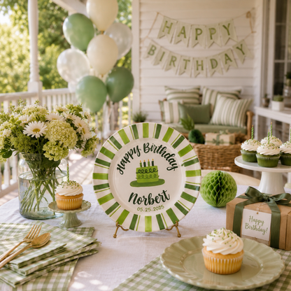 Custom Hand Painted Ceramic Birthday Plate, Green Striped Birthday Dish, Personalized Birthday Plate Date, First Birthday Gift Boyay Tradition Heirloom Keepsake | B006