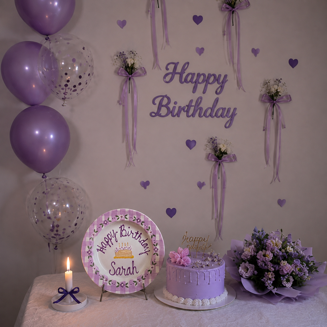Custom Hand Painted Ceramic Birthday Plate, Lavender Gingham Floral Plate, Personalized Birthday Plate, First Birthday Gift Girl | B005
